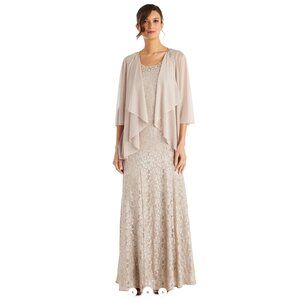 R&M Richards Evening Lace Gown w/ Pearl Embellished Neckline & Flyaway Jacket